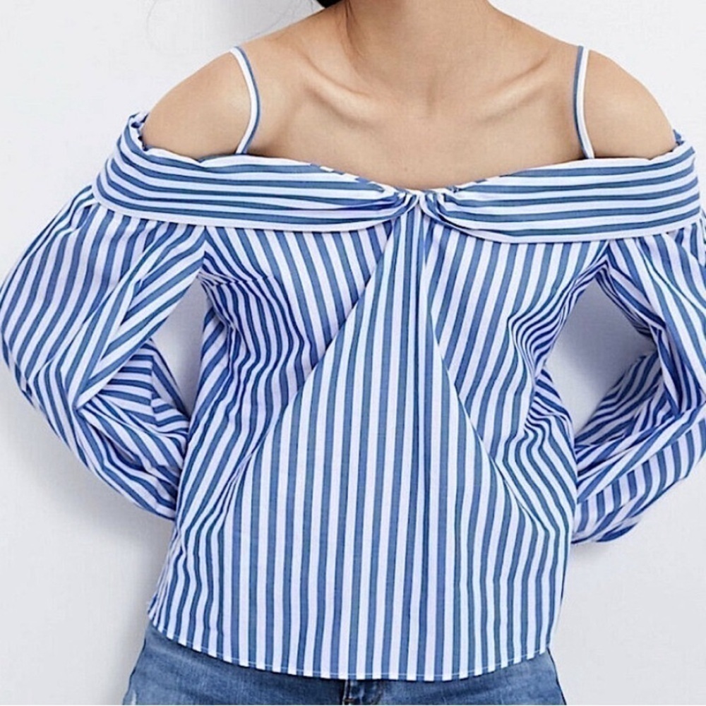ZARA Blue and White Stripe Off Shoulder Top with Collar SZ XS coastal preppy - Picture 3 of 5